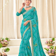 Sky Blue Chiffon Saree with Wavy Print with Floral Embroidery - Aleena