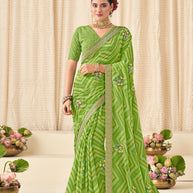 Green Chiffon Saree with Wavy Print with Floral Embroidery - Aleena