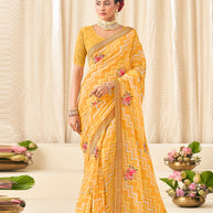Mustard Chiffon Saree with Wavy Print with Floral Embroidery - Aleena