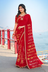 Red Georgette Floral Stripe Saree – Parampara