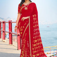 Red Georgette Floral Stripe Saree – Parampara