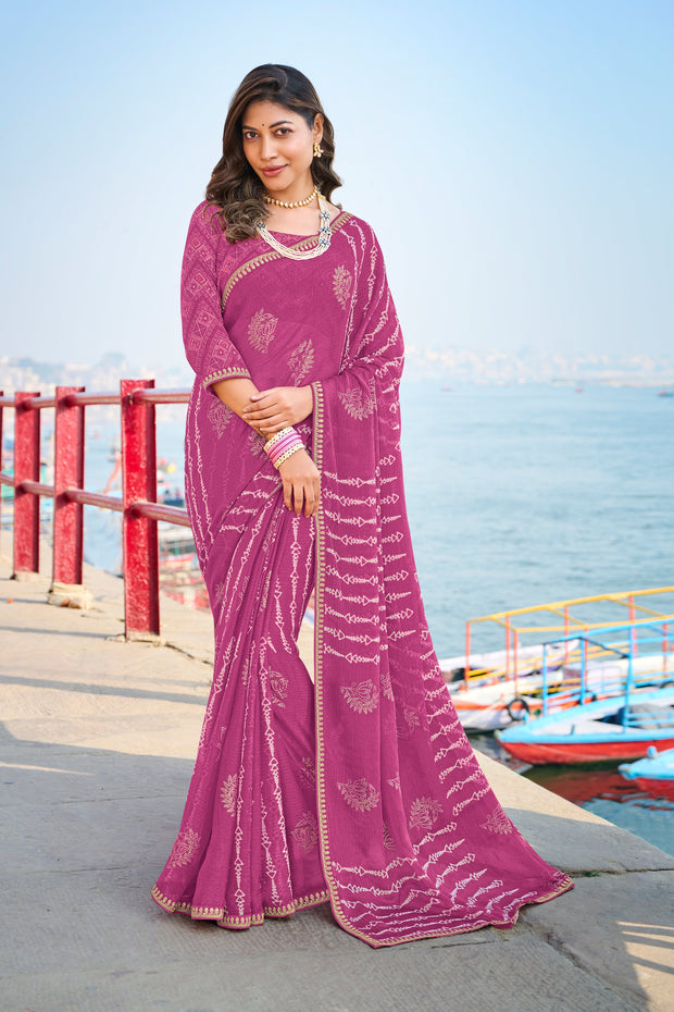 Mauve Georgette Floral Sequin Saree – Parampara