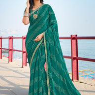 Turquoise Floral Print Georgette Saree – Parampara