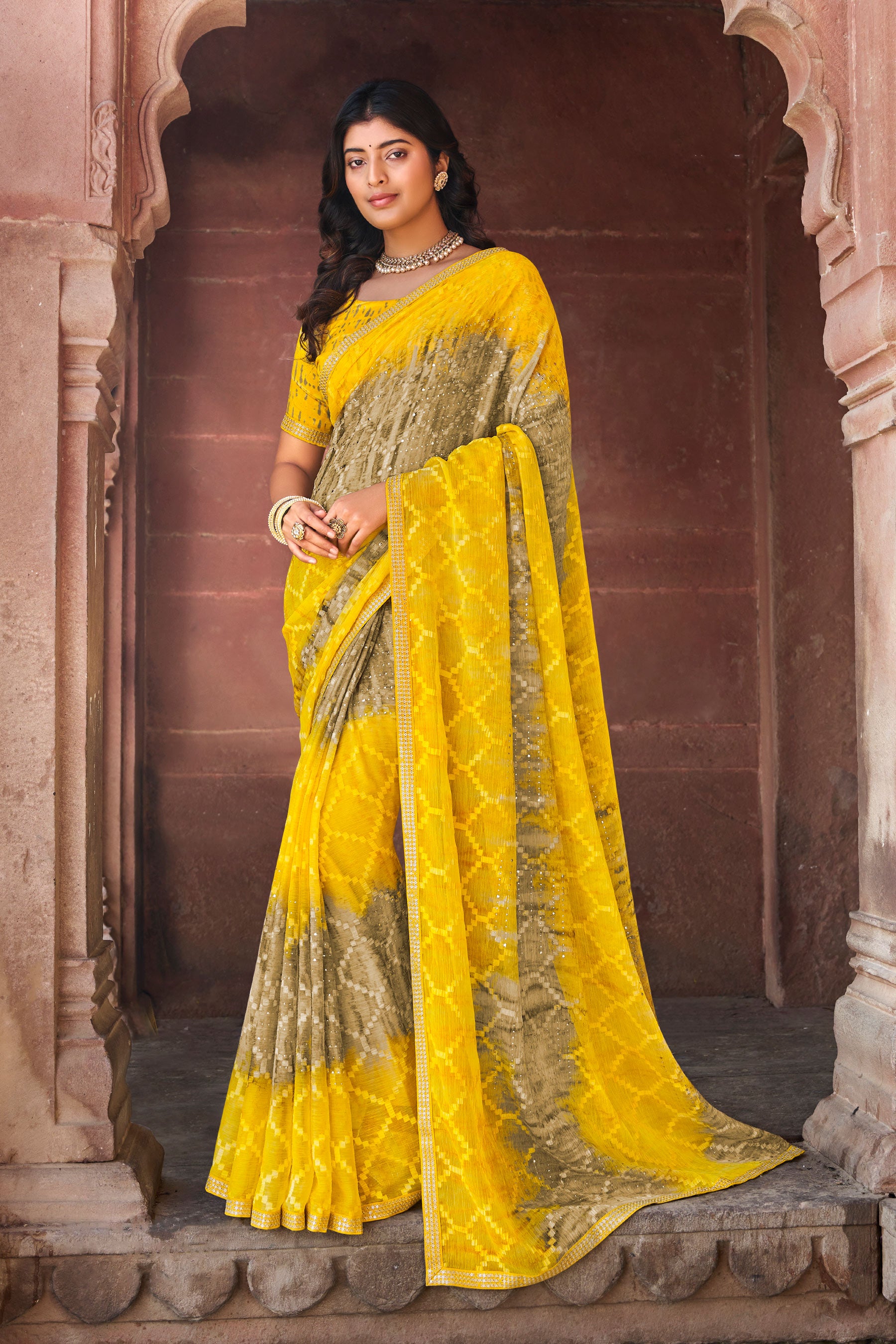 Yellow Designer Georgette Saree with Abstract Print & Lace – Parampara