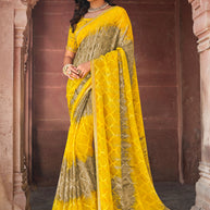 Yellow Designer Georgette Saree with Abstract Print & Lace – Parampara