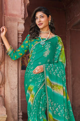 Green Chiffon Saree with Floral Print & Elegant Lace – Parampara