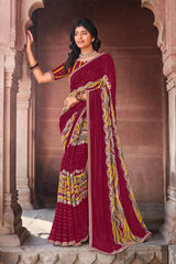 Maroon Moss Saree with Geometrical Print & Lace – Parampara Moss