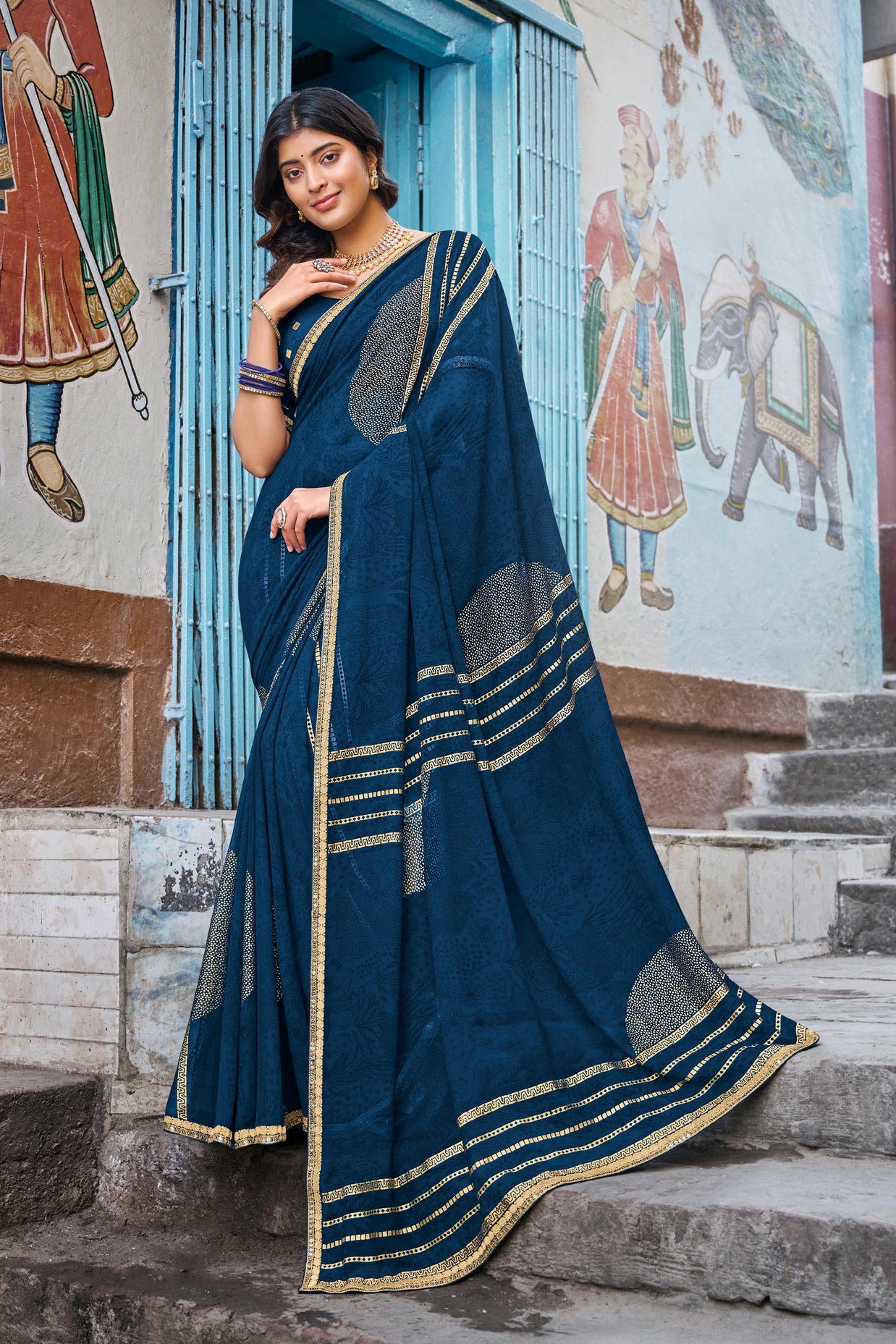 Blue Georgette Saree with Abstract Print with Fancy Lace Border – Parampara