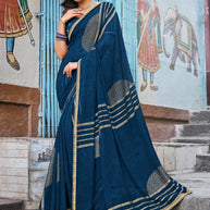 Blue Georgette Saree with Abstract Print with Fancy Lace Border – Parampara