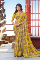 Mustard Satin Chiffon Saree with Geometrical Print & Lace Border – Parampara