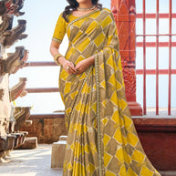 Mustard Satin Chiffon Saree with Geometrical Print & Lace Border – Parampara