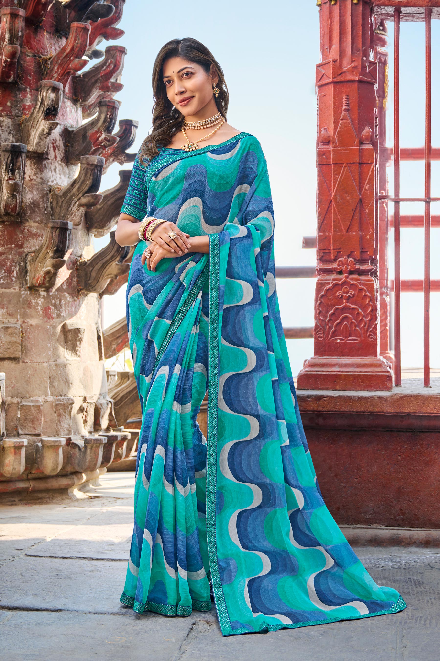 Multicolor Chiffon Saree with Abstract Print & Fancy Lace – Parampara