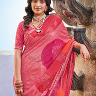 Peach Chiffon Saree with Floral Print & Lace Border – Parampara