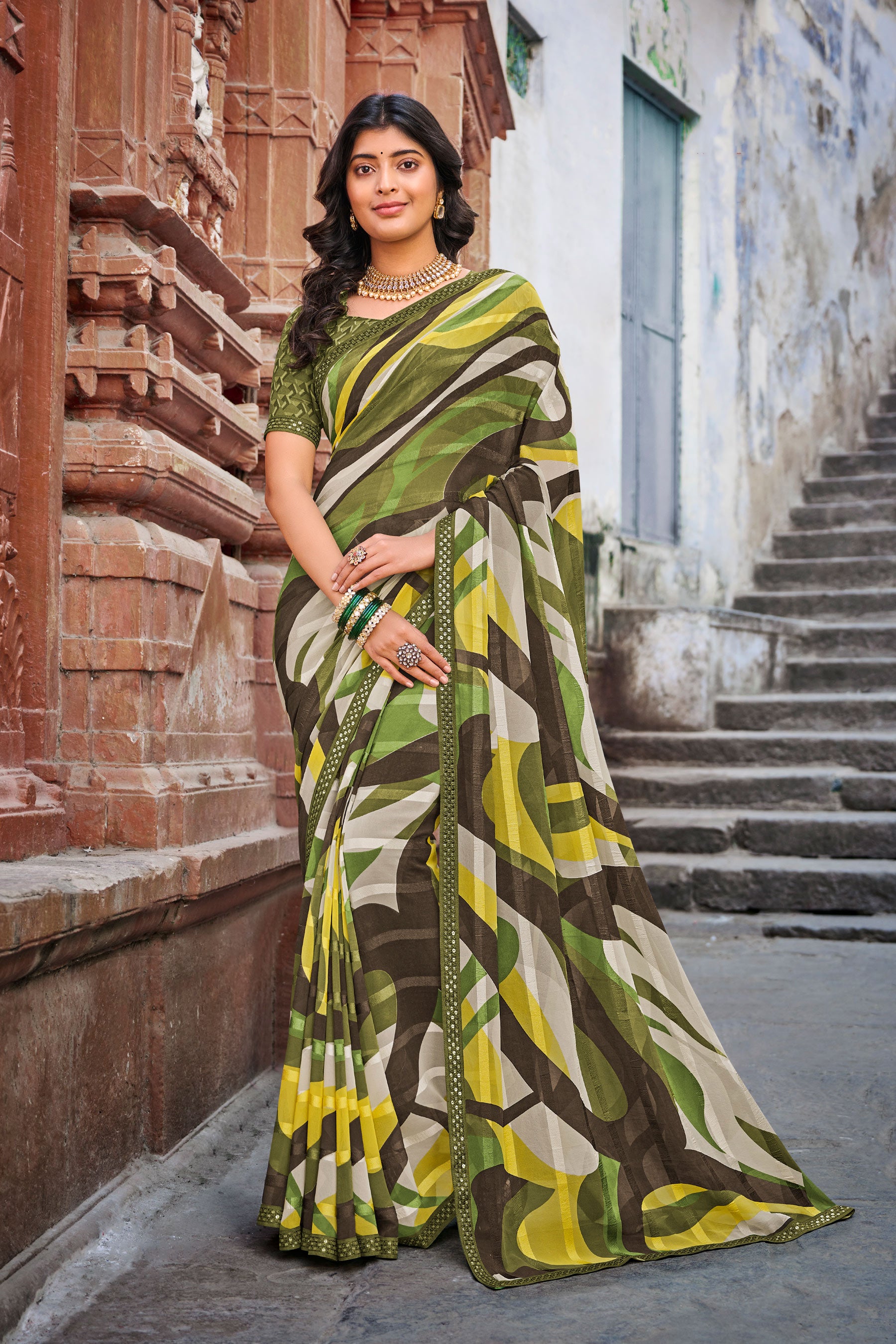 Multicolor Georgette Satin Patta Saree with Abstract Print – Parampara