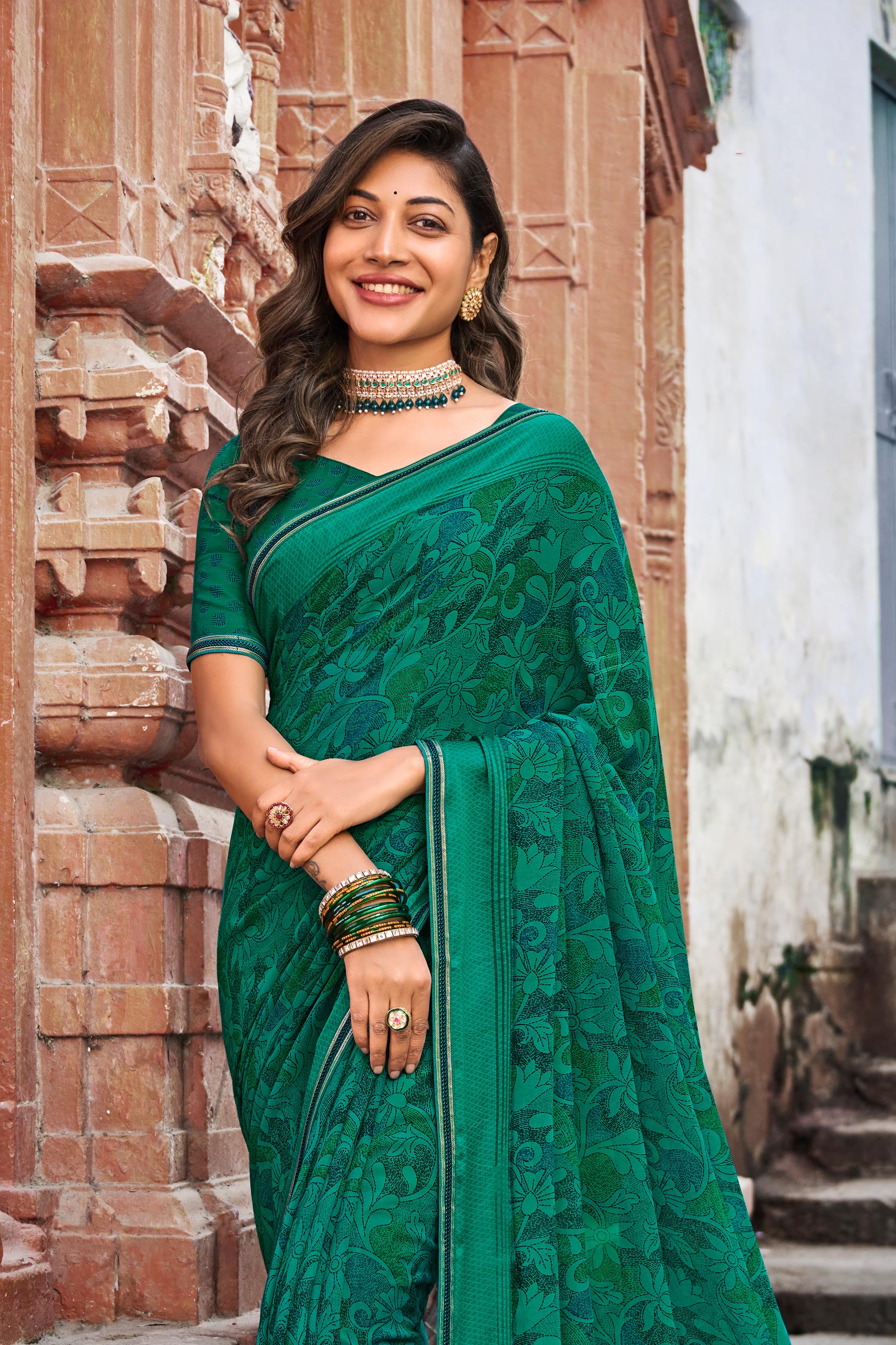 Green Floral Print Satin Patta Saree – Parampara