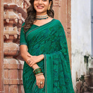 Green Floral Print Satin Patta Saree – Parampara