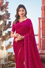 Red Georgette Saree with Zing Zang Stripe With Lace Border – Parampara