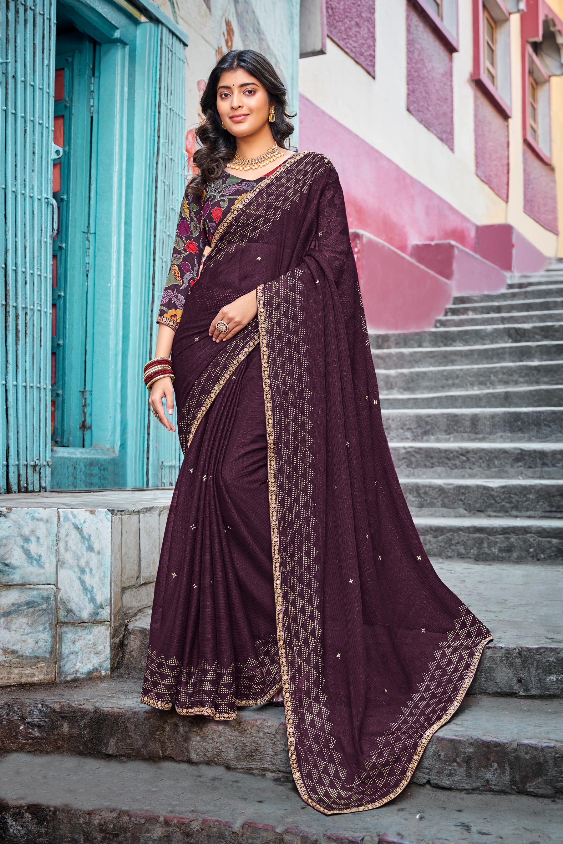 Magenta Chiffon Saree with Siroski Work – Parampara