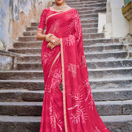 Pink Floral Print Chiffon Saree – Parampara