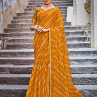 Mustard Satin Chiffon Saree with Stripe Print – Parampara