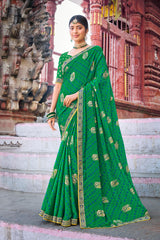 Green Chiffon Saree with Motif Print – Parampara