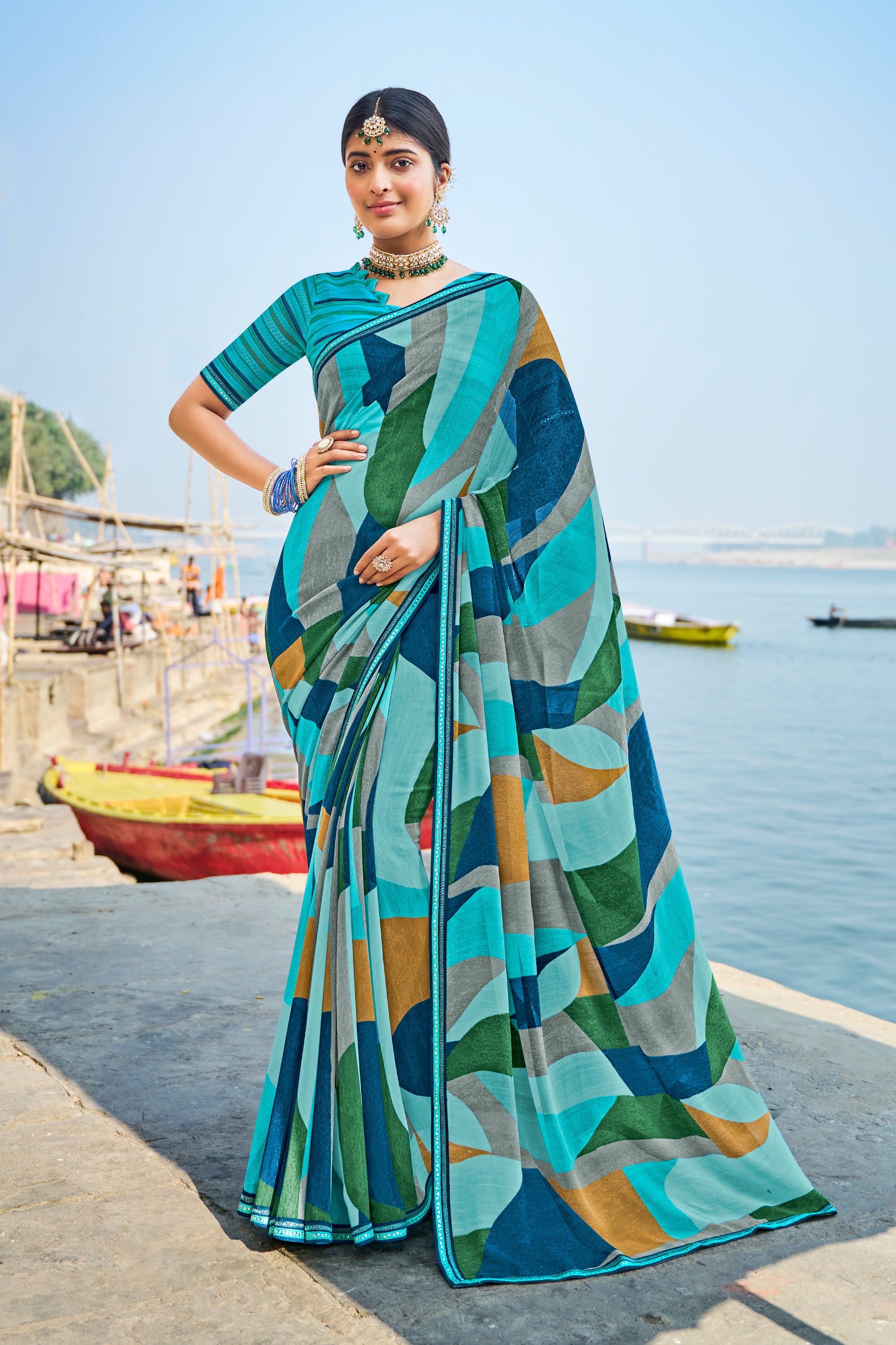 Multicolor Georgette Saree with Abstract Print -Parampara