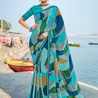 Multicolor Georgette Saree with Abstract Print -Parampara