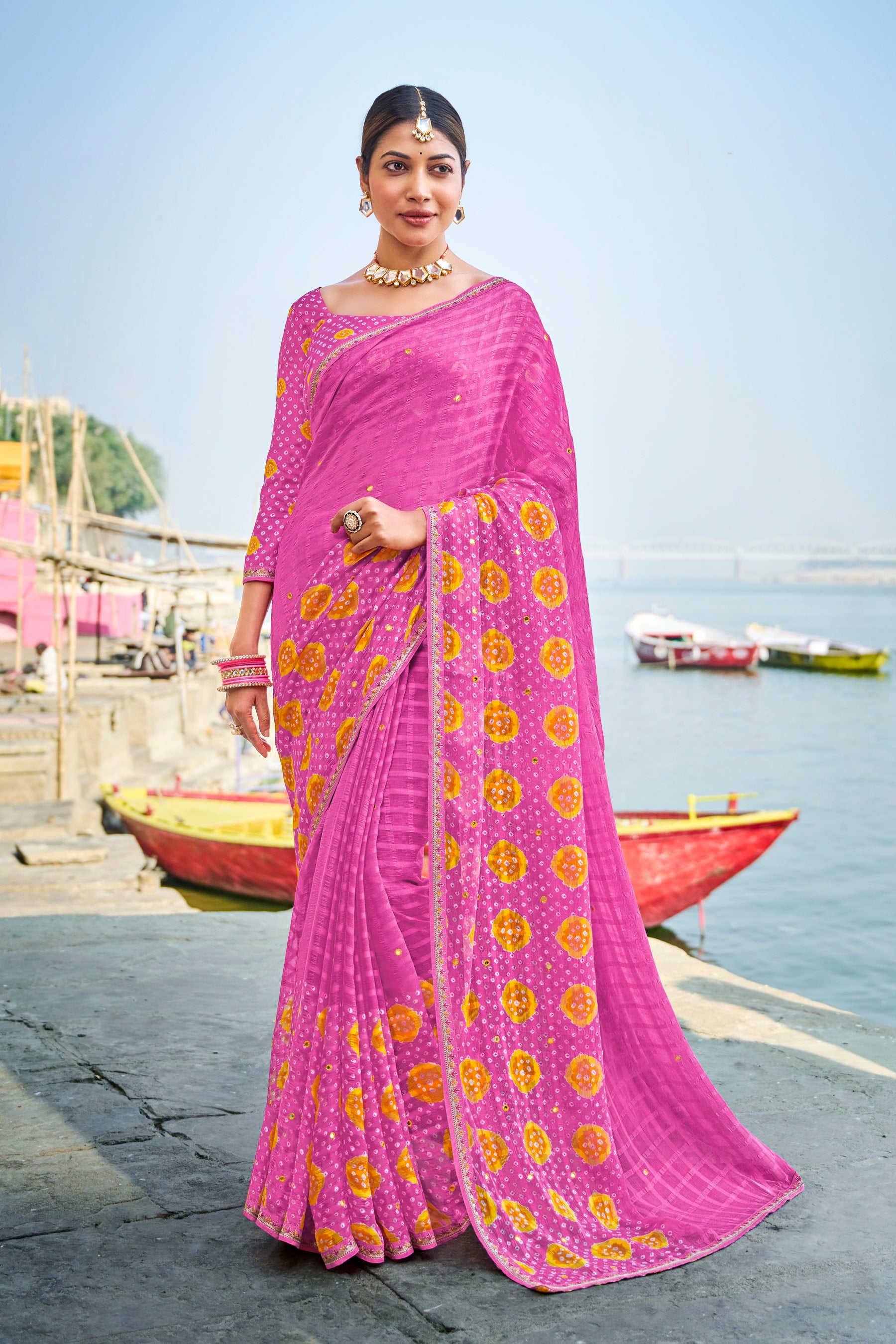 Pink Bandhani Print Chiffon Saree – Parampara