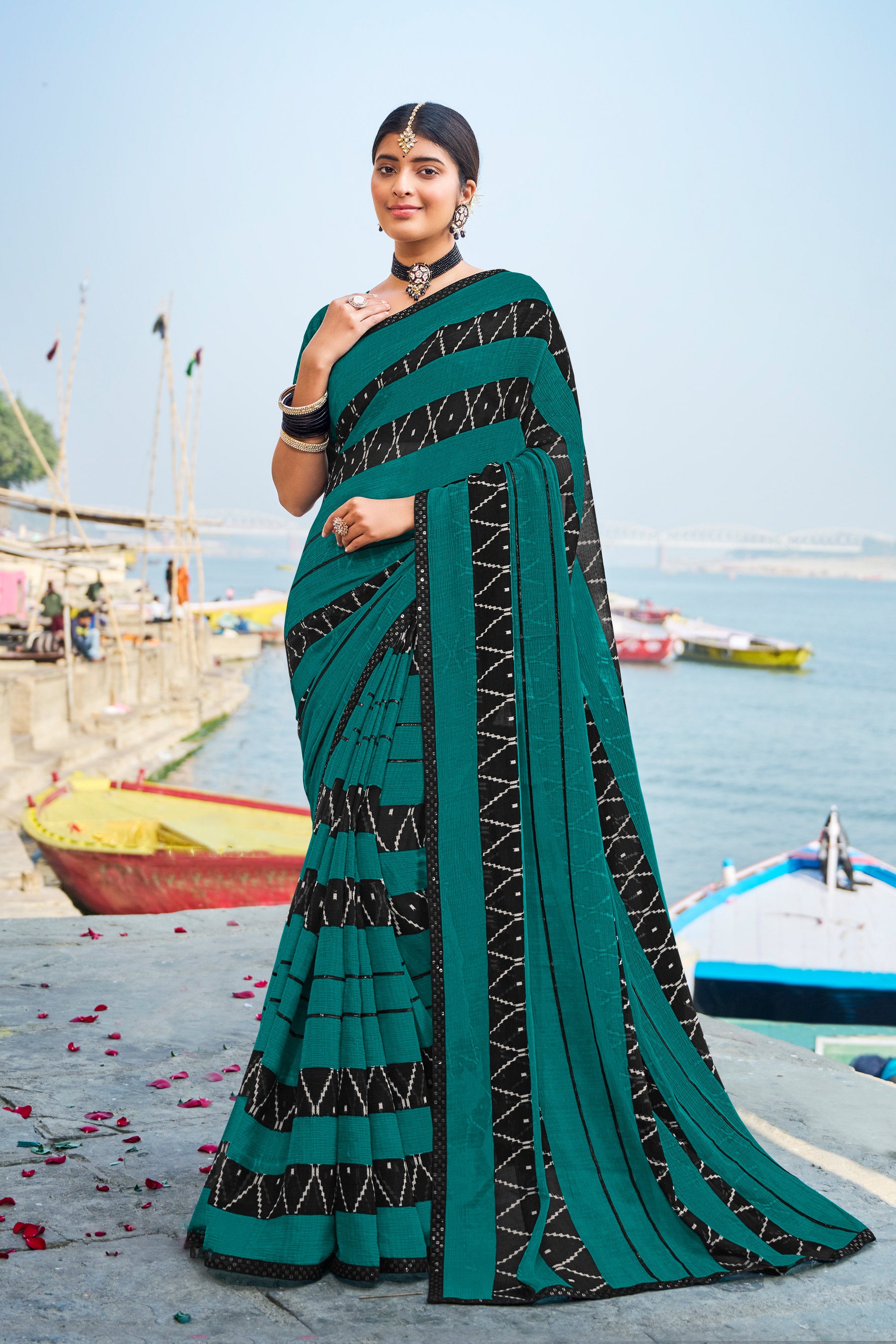 Dark Green Chiffon Saree with Fancy Lace Border – Parampara