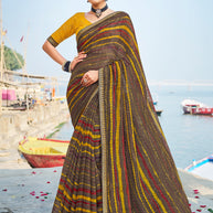 Brown Chiffon Saree with Stripe Print – Exclusive Parampara