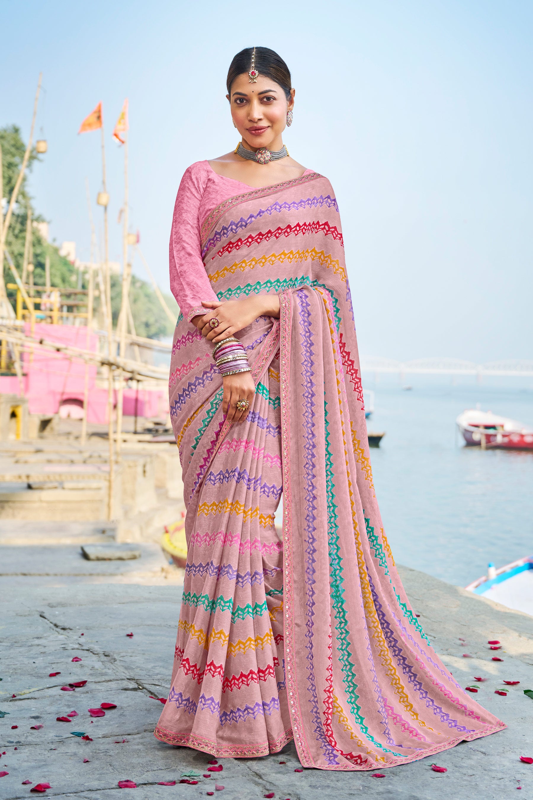 Light Peach Satin Chiffon Saree with Stripe Print – Parampara