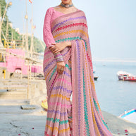 Light Peach Satin Chiffon Saree with Stripe Print – Parampara