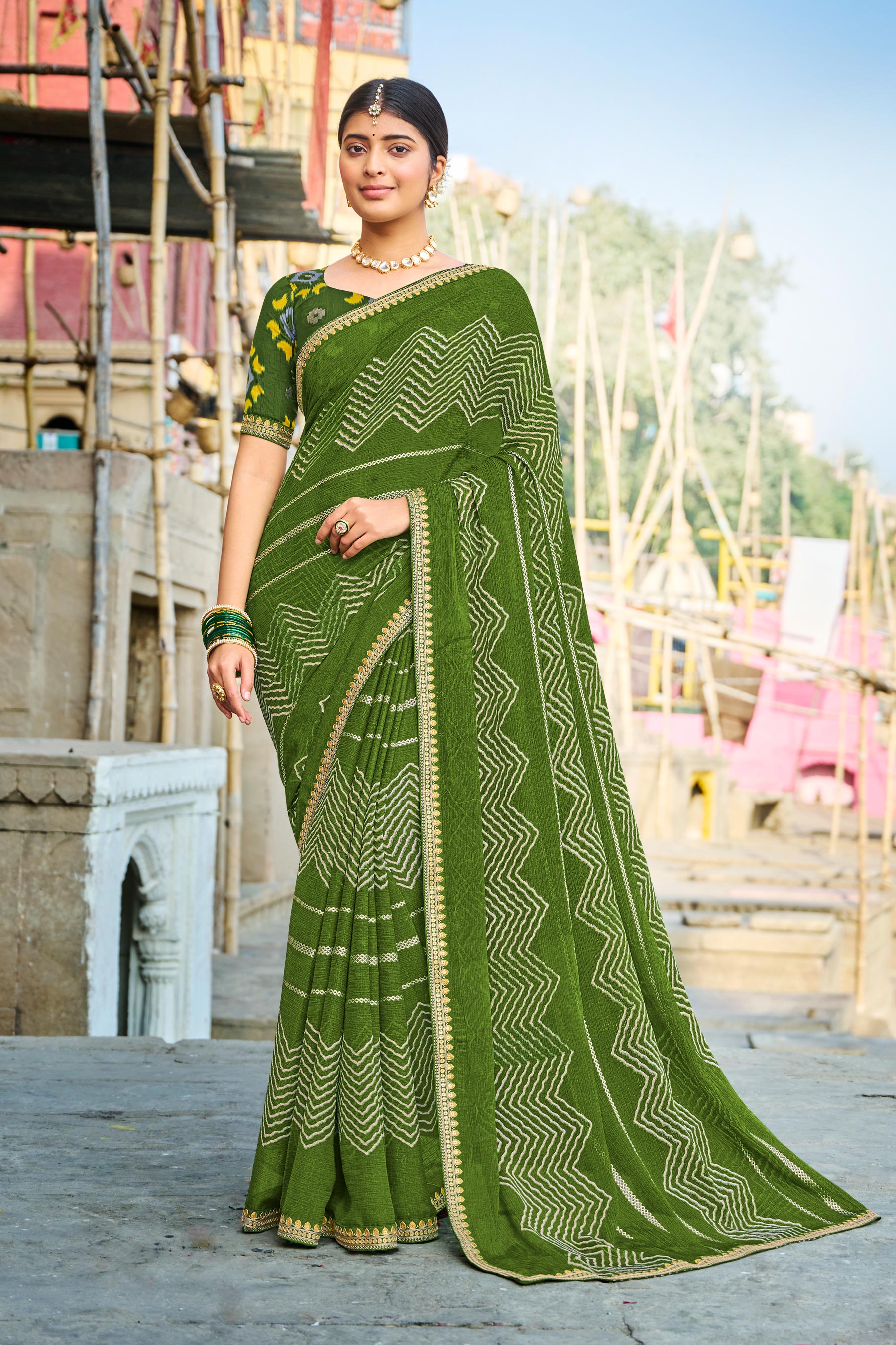 Green Chiffon Saree with Zing Zang Stripe – Parampara