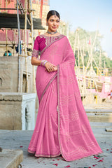 Pink Chiffon Saree with Stripe Print – Parampara