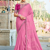 Pink Chiffon Saree with Stripe Print – Parampara