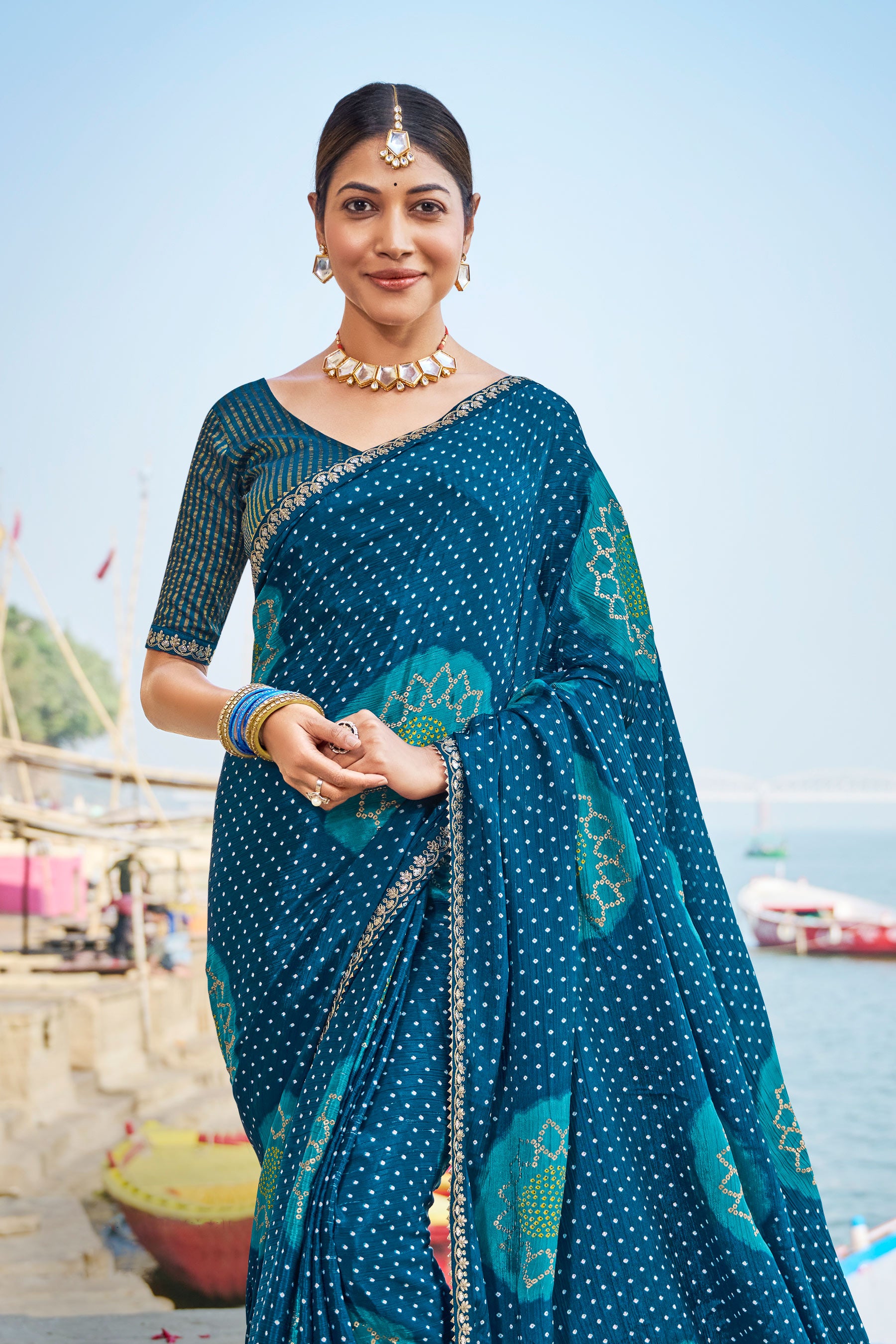 Blue Bandhani Print Chiffon Saree – Parampara