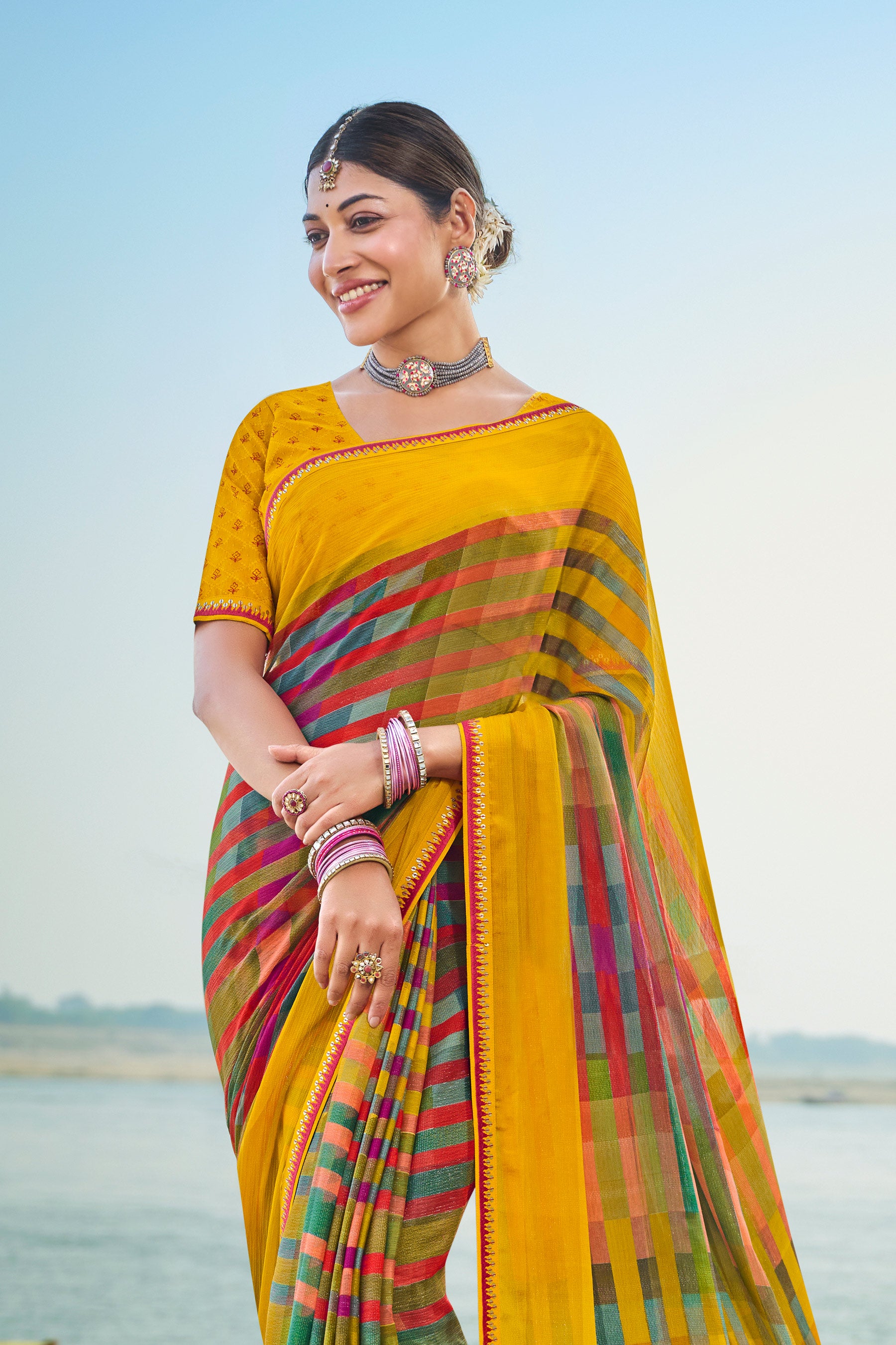 Multicolor Satin Chiffon Saree with Stripe Print & Fancy Lace – Parampara