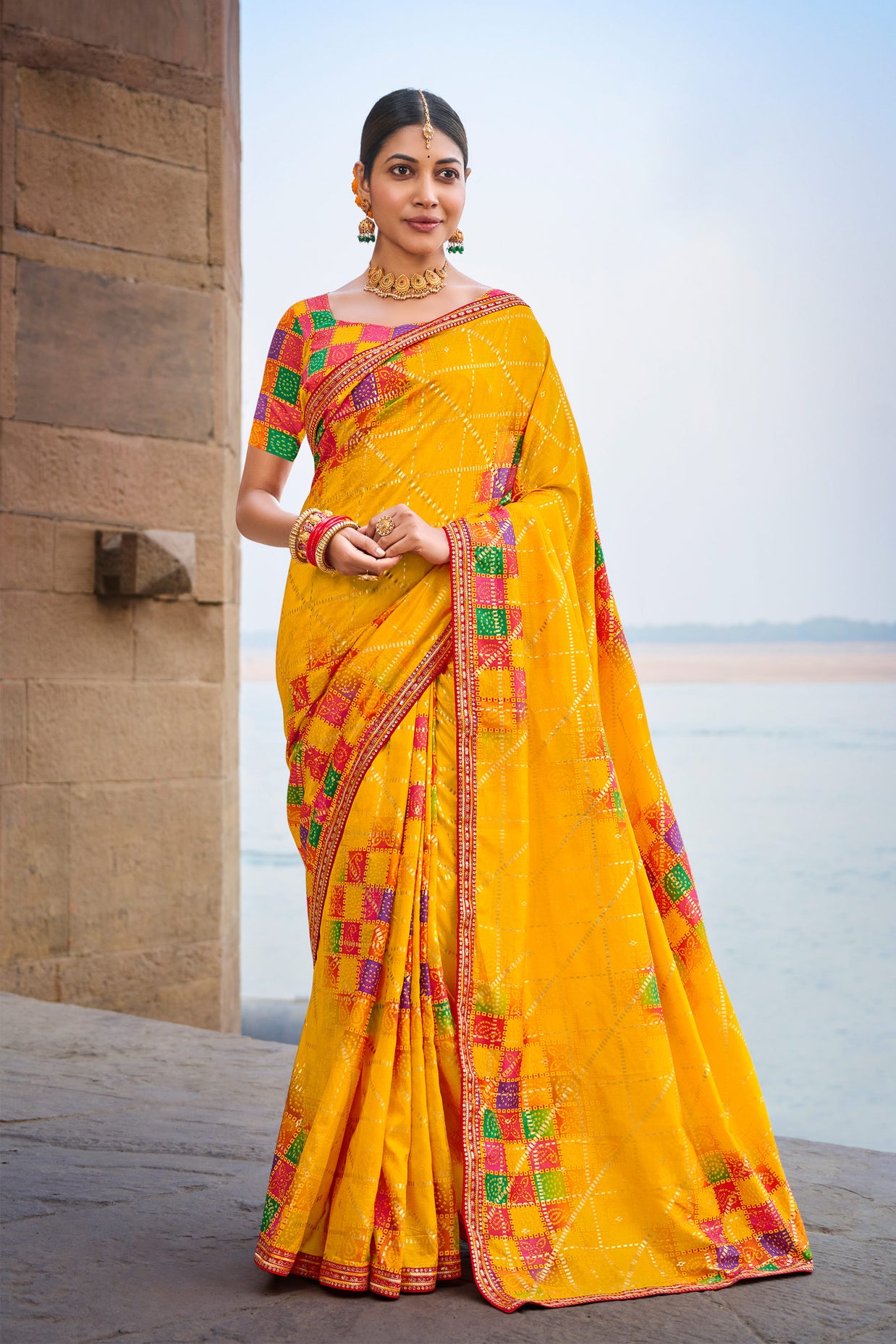 Laxmipati Lagan Yellow Chiffon Geometric Printed Saree