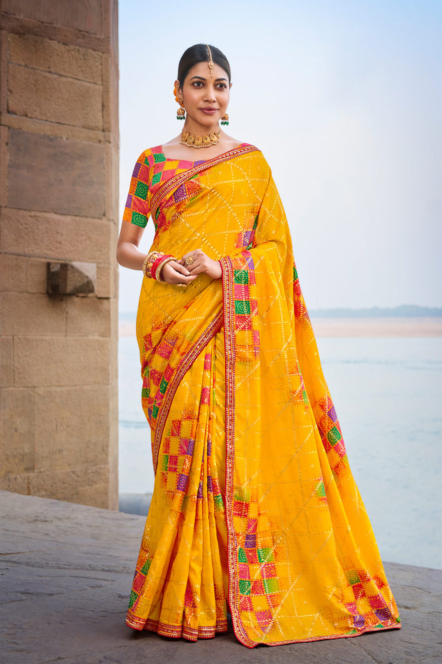 Laxmipati Lagan Yellow Chiffon Geometric Printed Saree