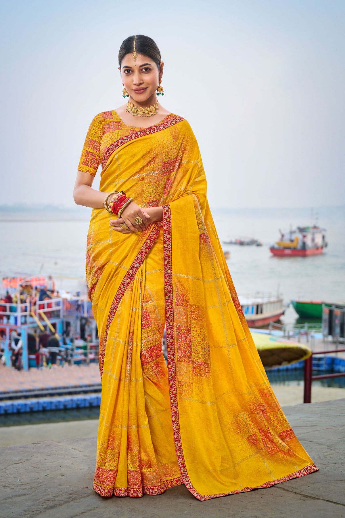 Laxmipati Lagan Yellow Chiffon Geometric Printed Saree