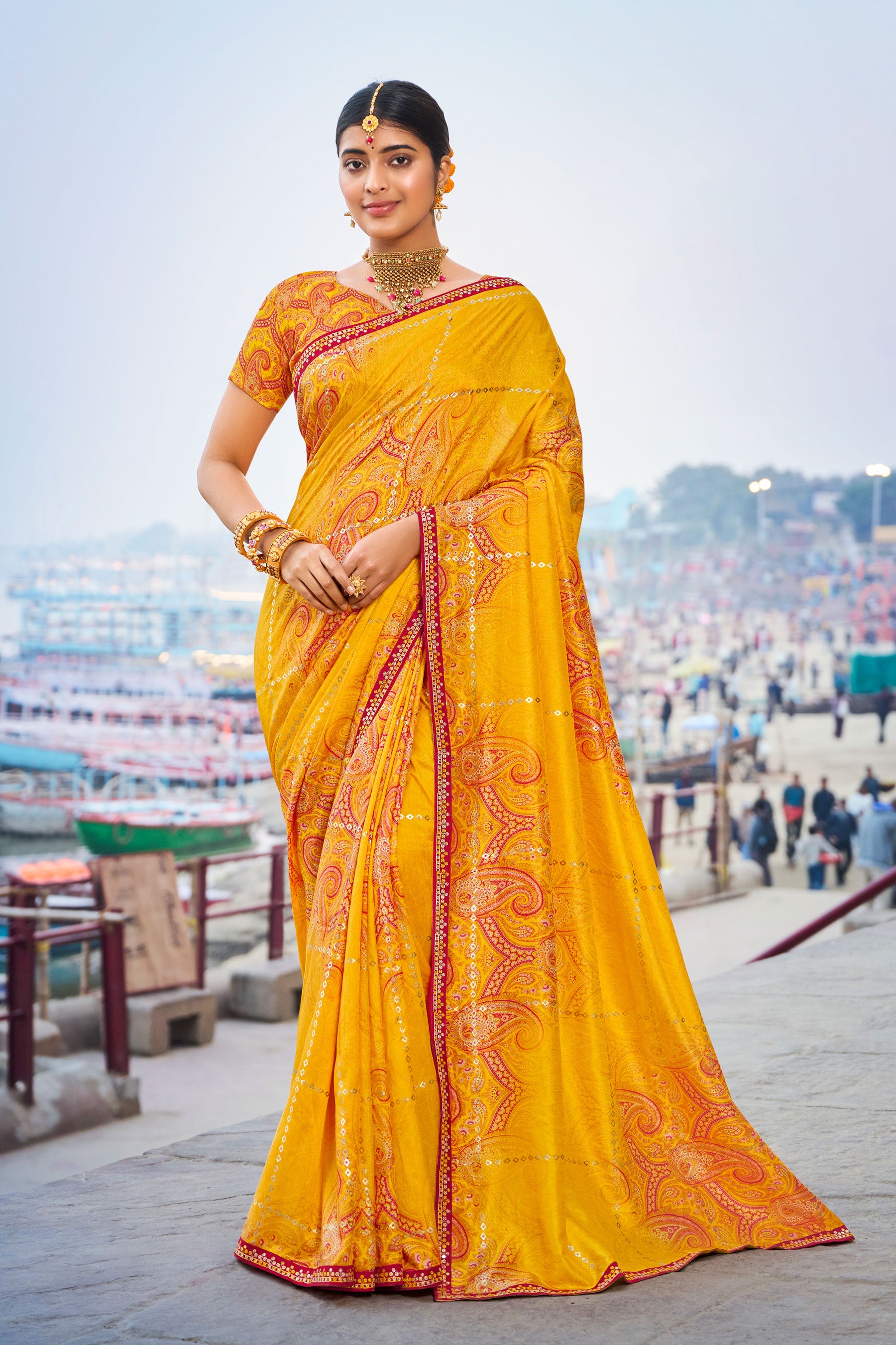Laxmipati Lagan Yellow Chiffon Printed Saree