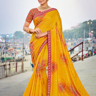 Laxmipati Lagan Yellow Chiffon Geometric Printed Saree