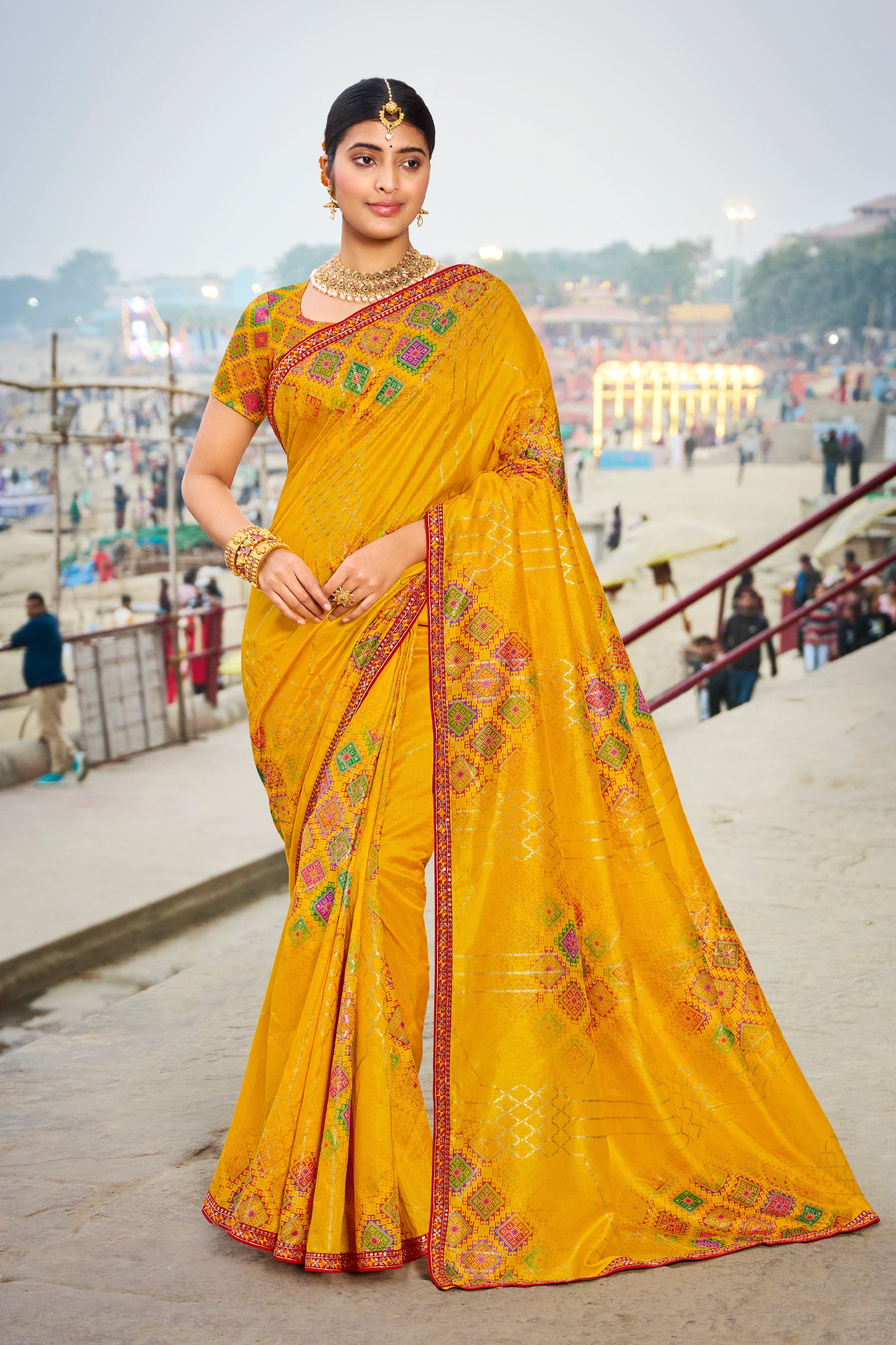 Laxmipati Lagan Yellow Chiffon Geometric Printed Saree