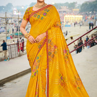 Laxmipati Lagan Yellow Chiffon Geometric Printed Saree