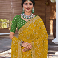 Yellow Chiffon Saree with Zari & Diamond Work - Aishwrya