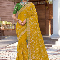 Yellow Chiffon Saree with Zari & Diamond Work - Aishwrya