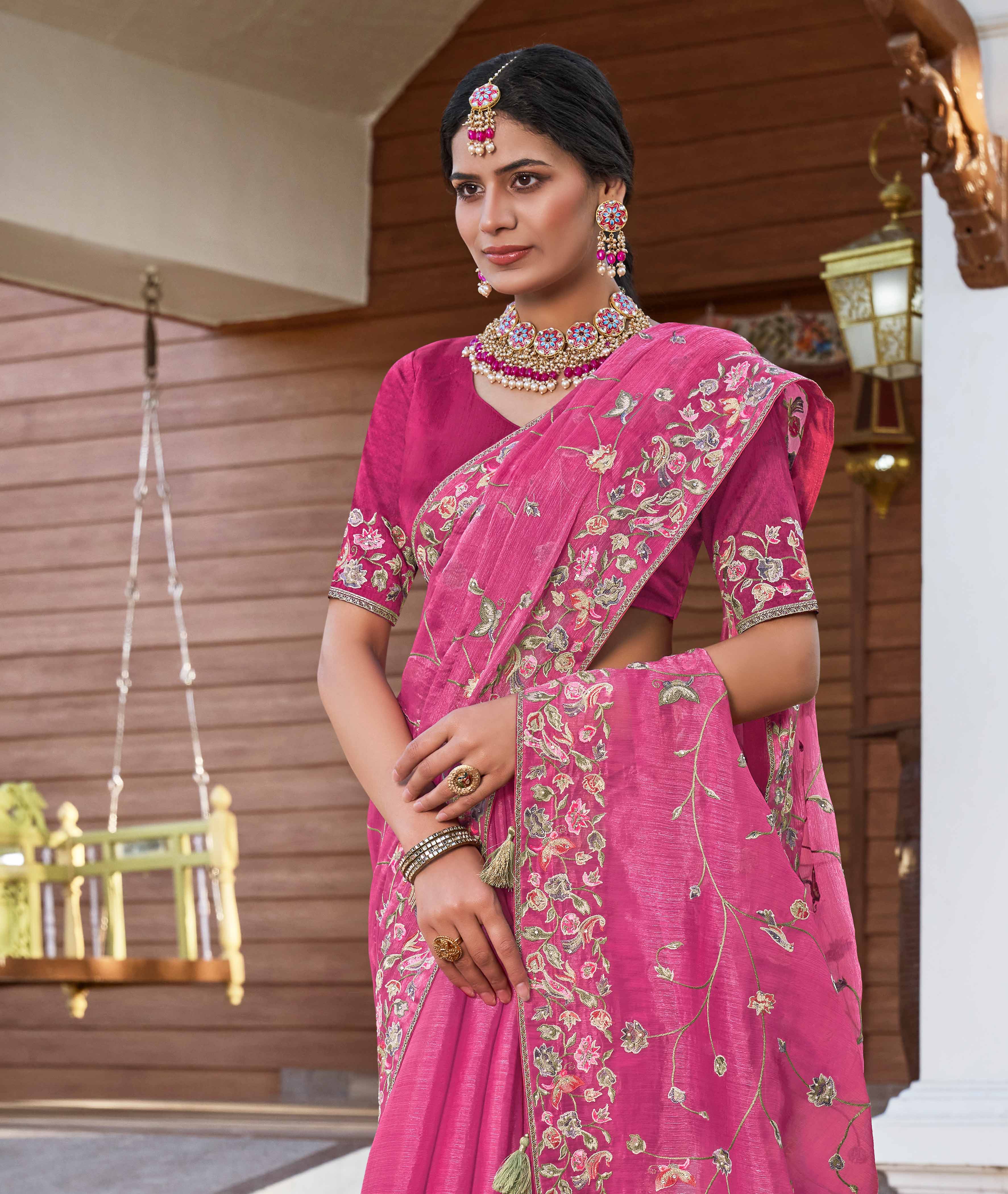 Pink Chiffon Saree with Resham & Stone Work Floral Embroidery - Aishwrya