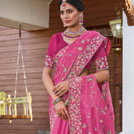 Pink Chiffon Saree with Resham & Stone Work Floral Embroidery - Aishwrya