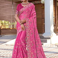 Pink Chiffon Saree with Resham & Stone Work Floral Embroidery - Aishwrya
