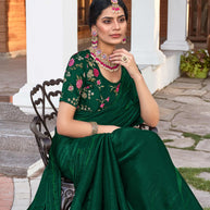 Dark Green Satin Chiffon Saree with Stone Work & Embroidered Blouse - Aishwrya